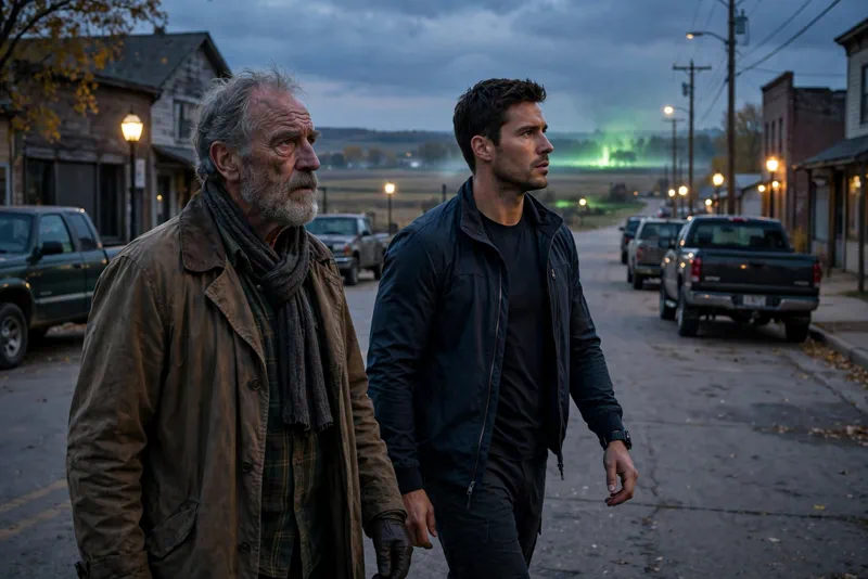 Two detectives walking down a small Nebraska town street at dusk