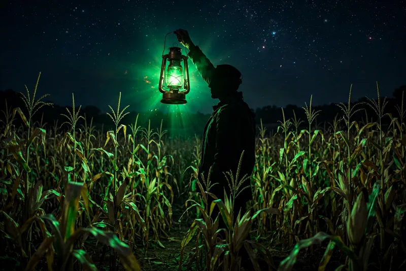 A glowing green lantern in a dark Nebraska cornfield