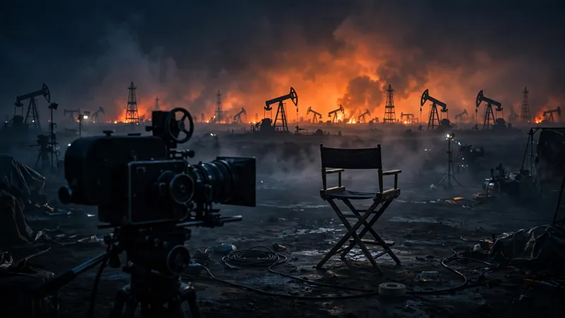 Empty director's chair on a dark movie set with oil derricks at sunset, referencing Inarritu's Digger