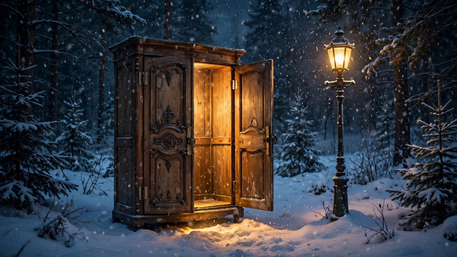 An antique wardrobe glowing with warm light in a snowy nighttime forest, a Narnia-style scene