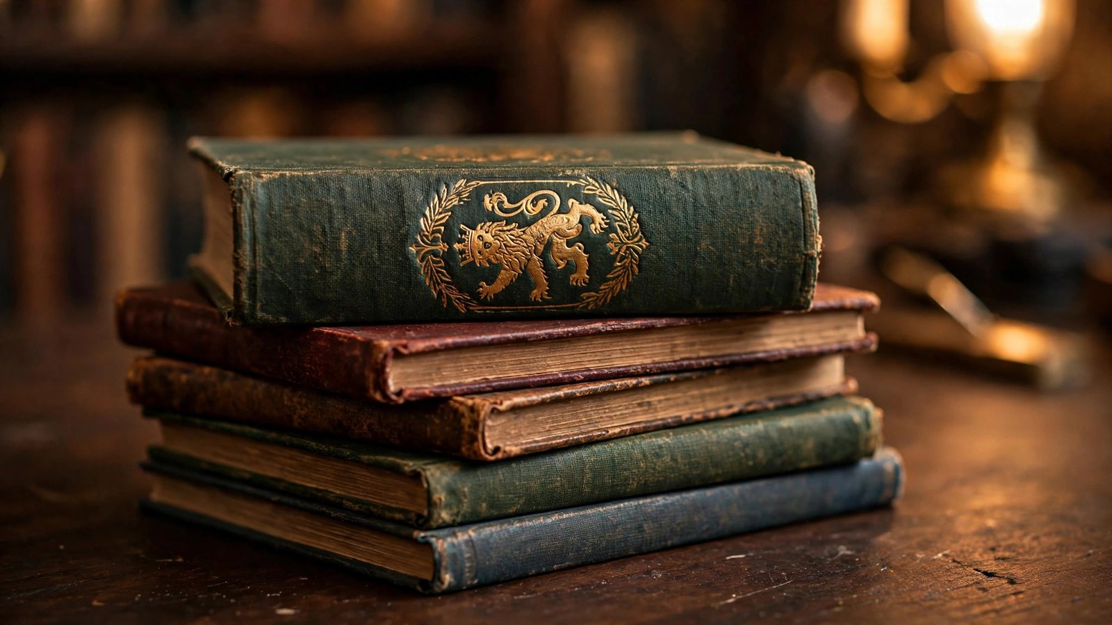 Vintage hardcover fantasy books with a golden lion emblem, evoking the Chronicles of Narnia