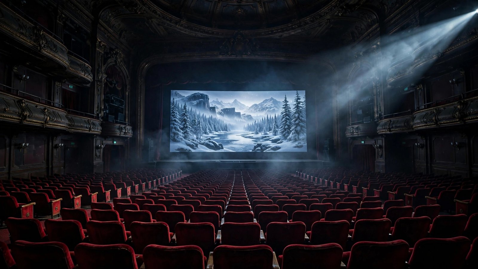 A grand empty movie theater with red seats facing a glowing screen showing a snowy fantasy world