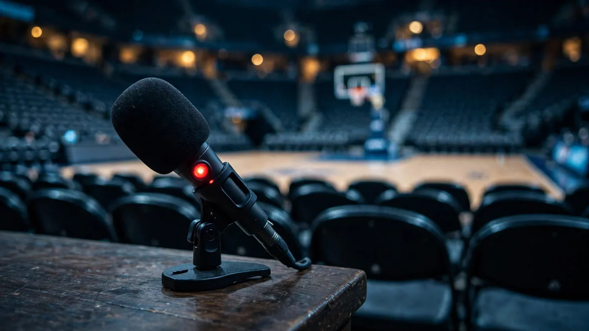 Hot broadcast microphone with glowing red ON AIR light on a press table in a basketball arena
