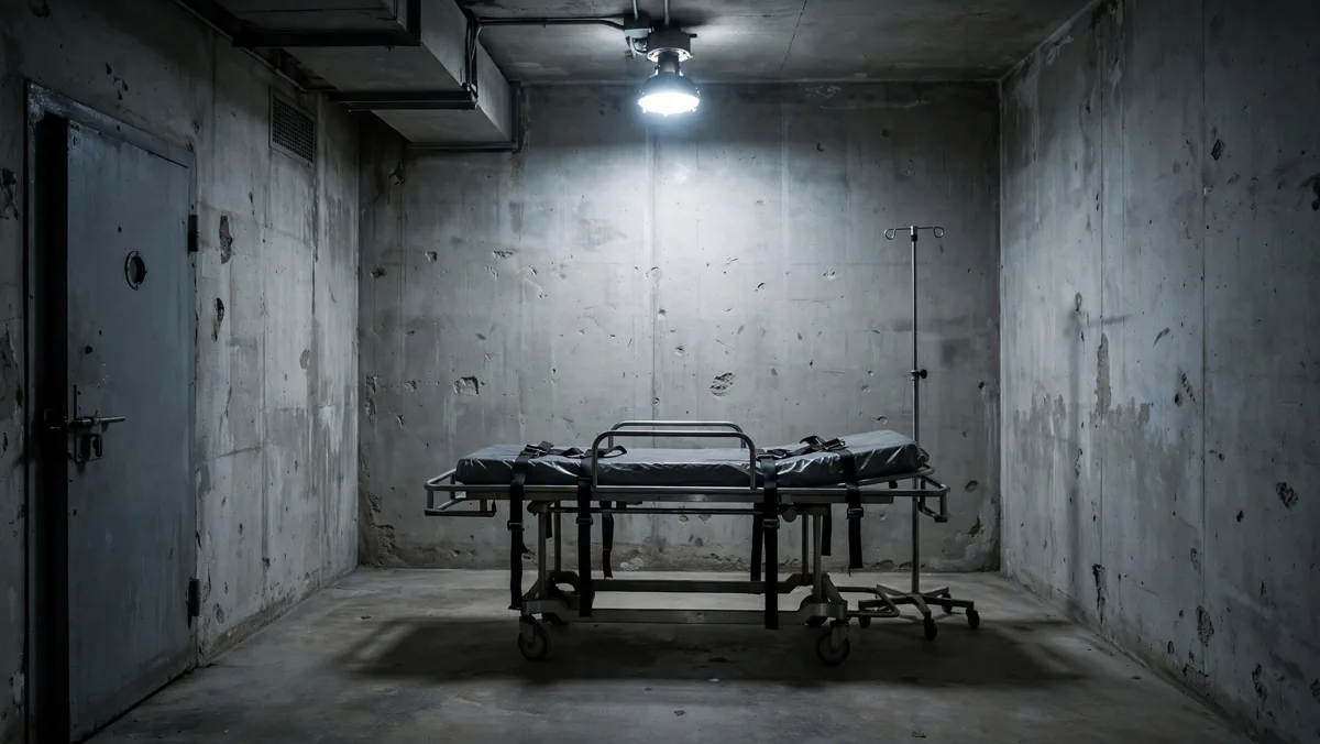 Empty death chamber with a gurney under harsh overhead light