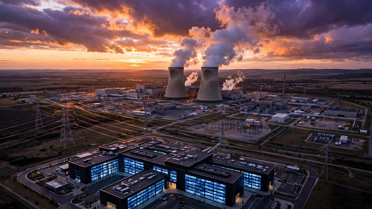 Nuclear power plant cooling towers at dusk behind a glowing data center complex
