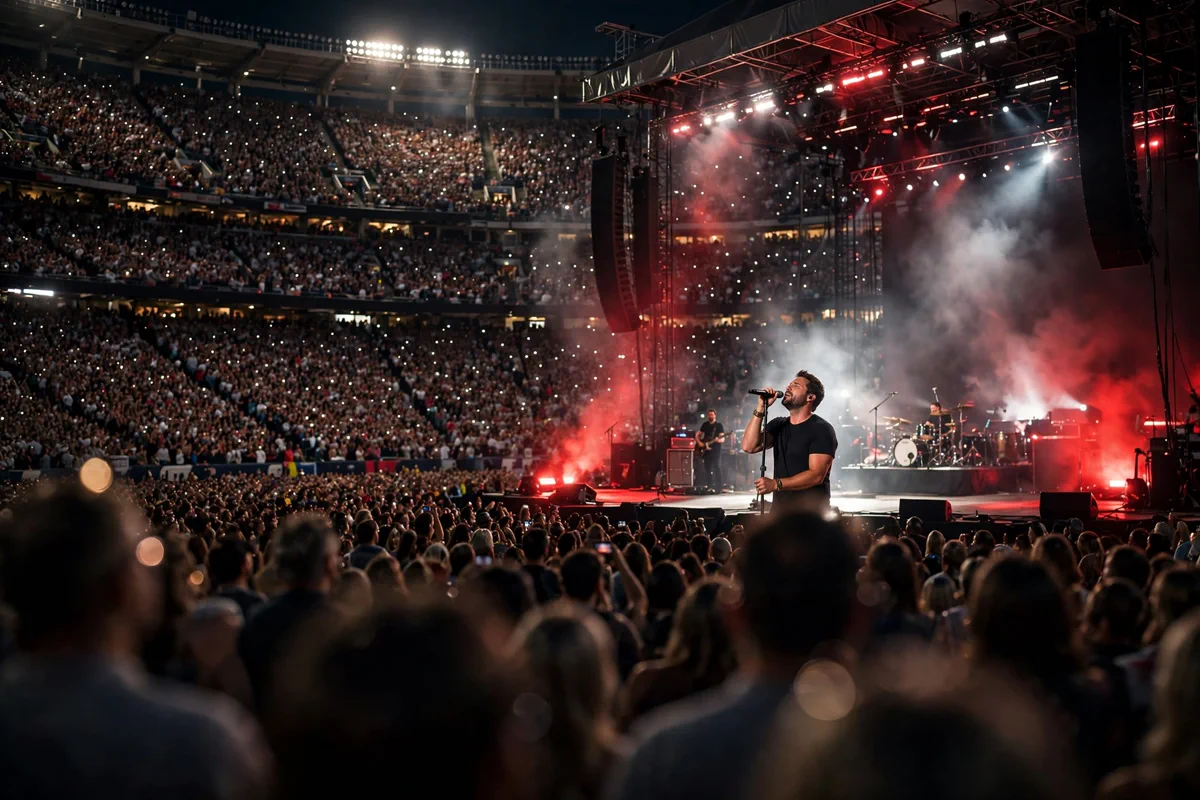 Country singer performing on stage at night in a packed football stadium, wearing a plain black t-shirt, dramatic concert lighting over a crowd of thousands