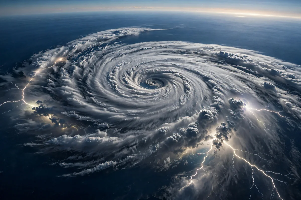 Satellite view of Tropical Storm Isaias swirling over the Gulf of Mexico at dawn with lightning in its outer bands