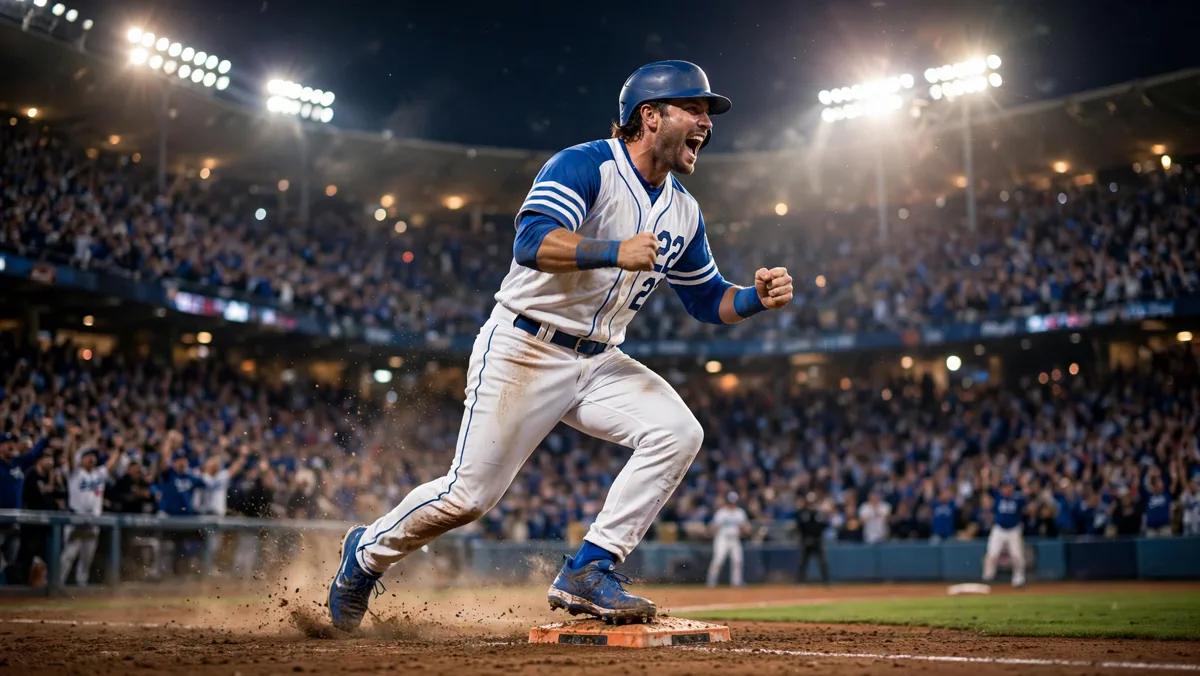 Kiké Hernández rounds first base under stadium lights after his historic Game 3 postseason home run