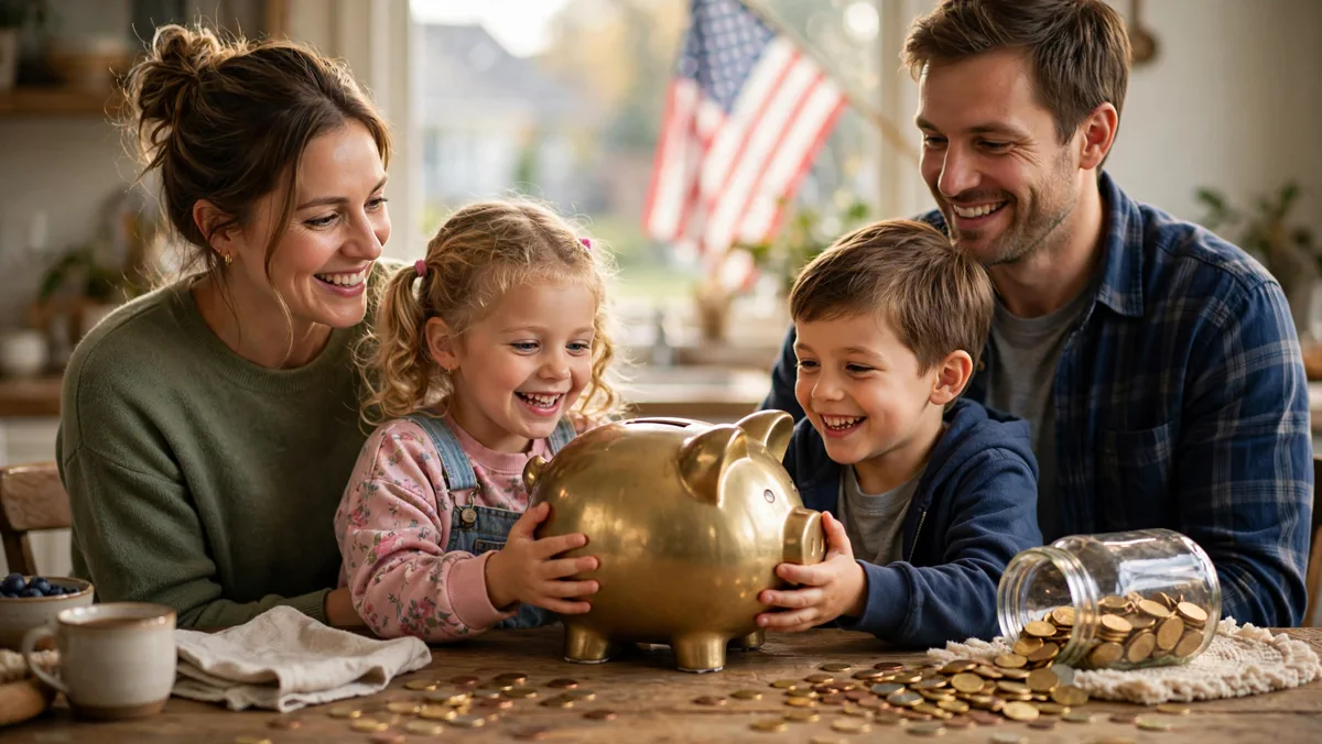American family with piggy bank and coins in front of an American flag, representing Trump Accounts savings for children