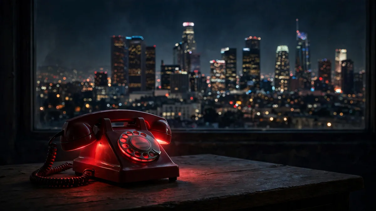 Red ringing telephone on a desk with the Los Angeles skyline at night, key art for Ben Affleck's Animals on Netflix