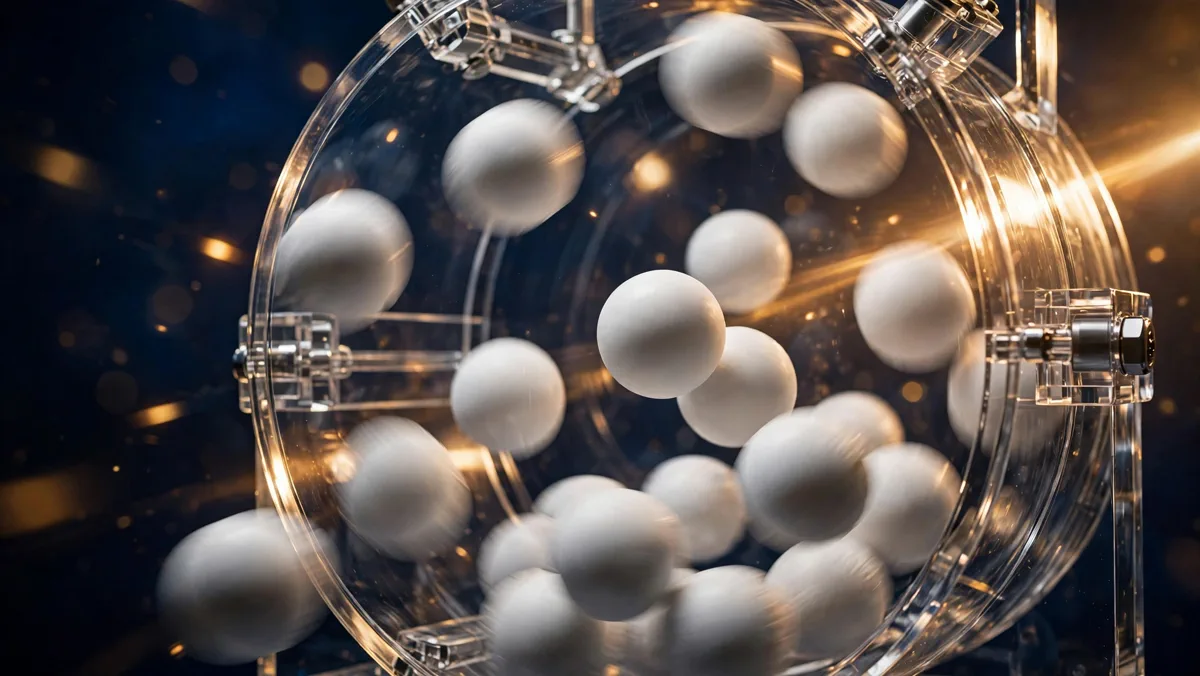 Lottery balls tumbling inside a transparent Mega Millions drawing machine