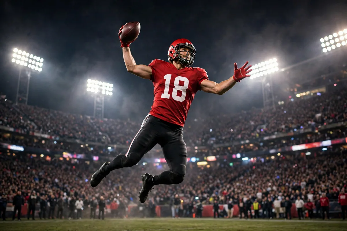 NFL wide receiver in a red number 18 jersey leaping to catch a football in a packed stadium at night