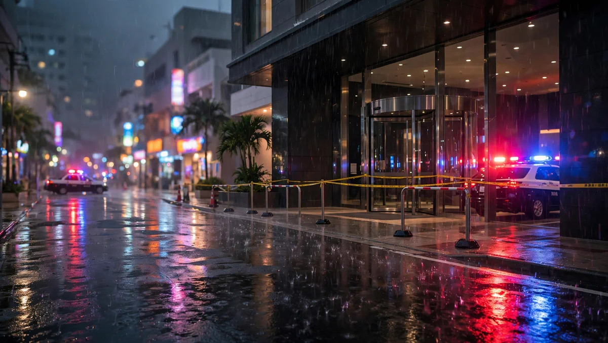 Night scene in Naha, Okinawa with police car lights near a hotel entrance, wet asphalt reflecting neon signs