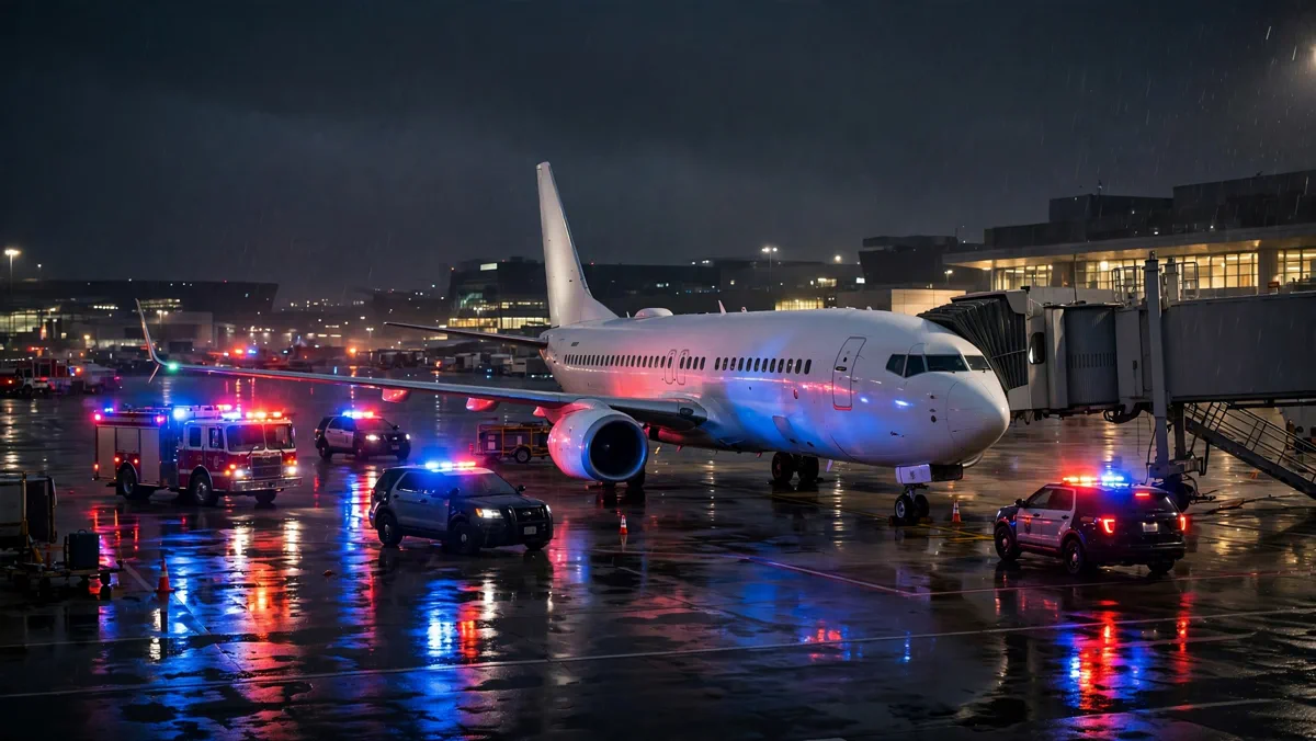 Commercial passenger airplane parked at an airport gate at night with flashing police and emergency lights reflecting off the fuselage