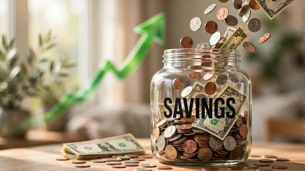 Glass savings jar with coins flowing in and a rising arrow showing high-yield savings rates up to 5 percent APY.