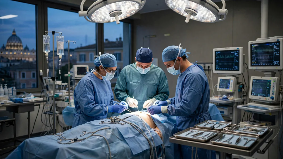 Surgeons in an operating room during a thoracic procedure at Rome's Gemelli hospital