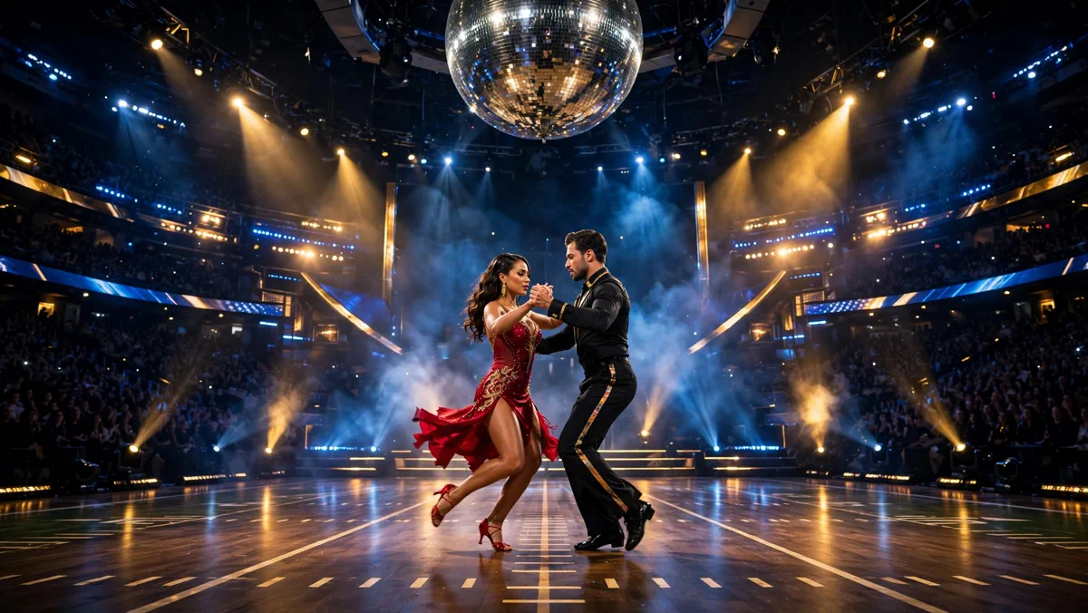 Ballroom stage of Dancing with the Stars during Super Bowl Night with a dancing couple performing under a giant mirrorball