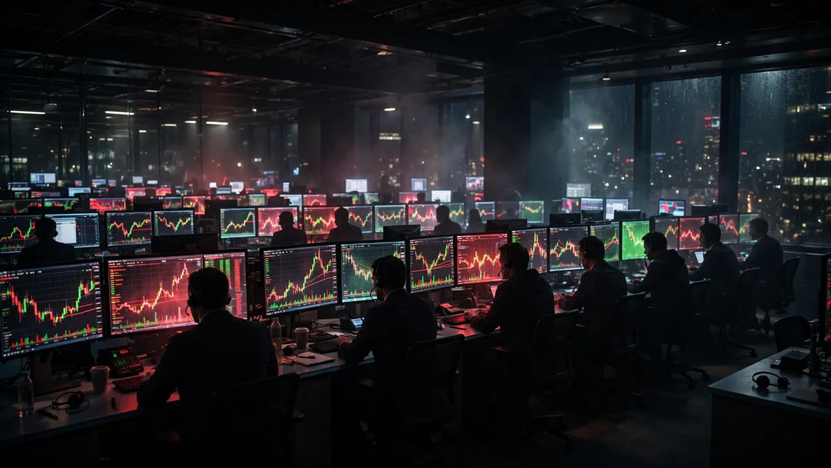 Wall Street trading floor with red and green stock charts glowing on monitors during a volatile market week