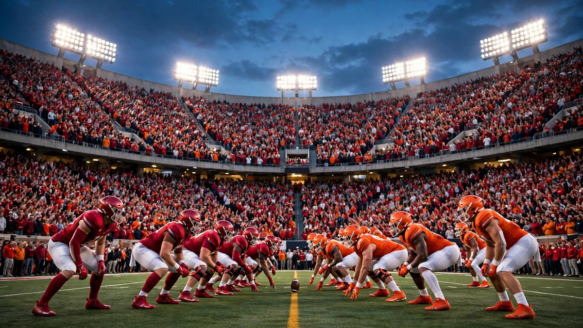 Packed college football stadium at dusk, crimson-jersey team facing orange-jersey team