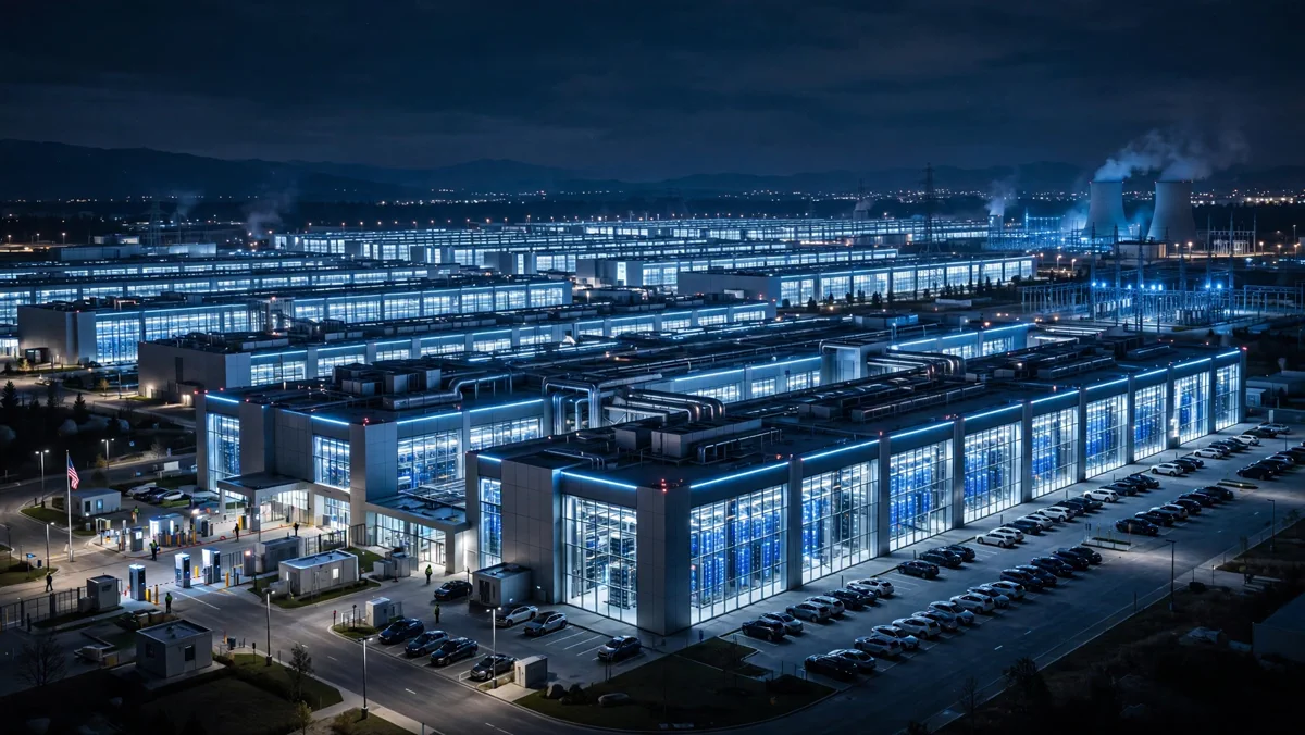 Futuristic AI data center glowing at night representing the AI economy