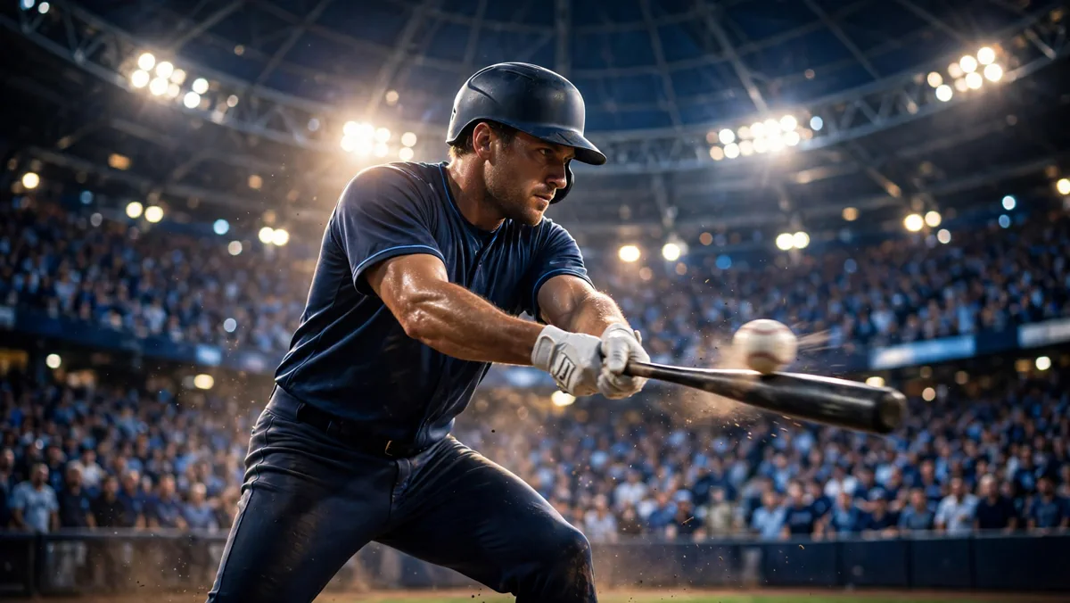 Tampa Bay Rays batter swinging under the lights at Tropicana Field during ALCS Game 6