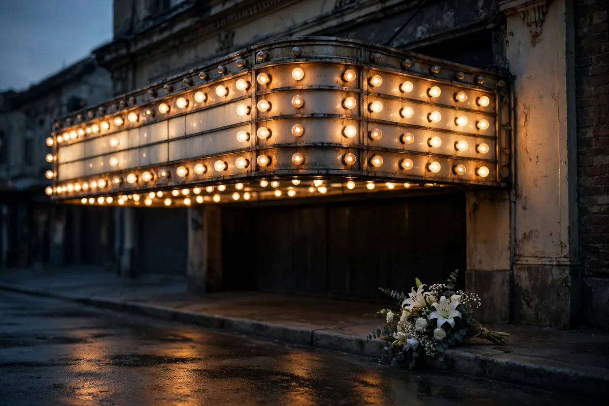 Cinema marquee glowing at dusk