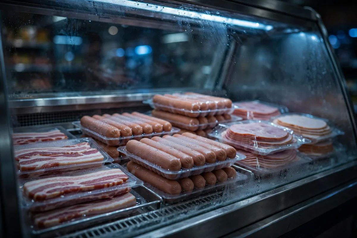 Packaged hot dogs and bacon in a supermarket refrigerated display case