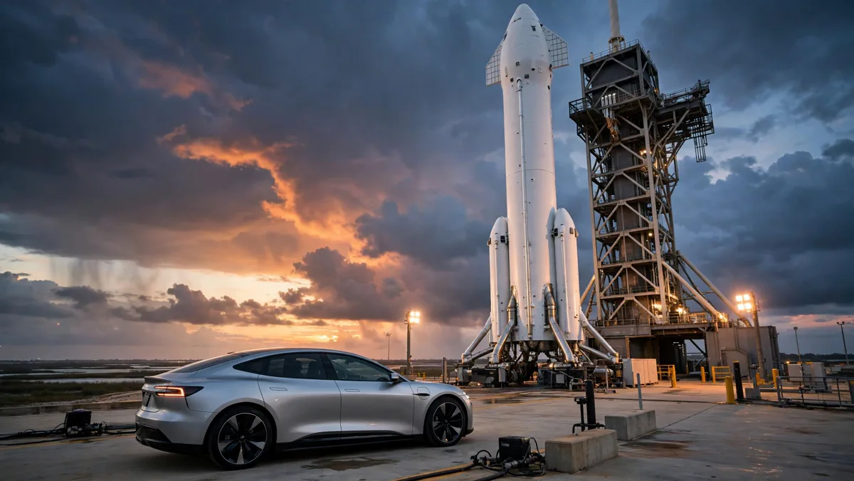 Silver Tesla electric car beside a SpaceX rocket on a launch pad at dusk