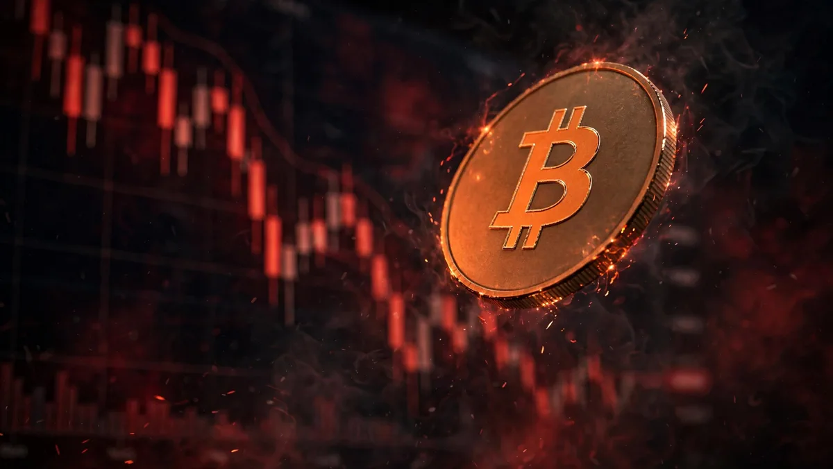 A glowing Bitcoin coin tumbling downward in front of a plunging red candlestick trading chart