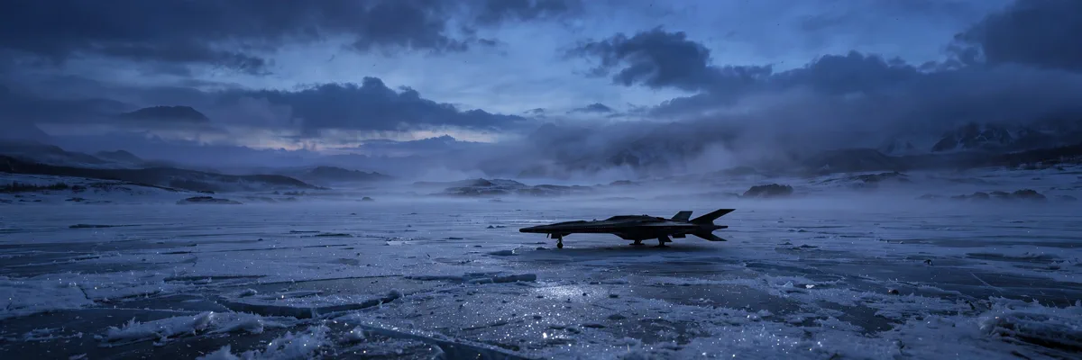 Frozen icy plain with a lone starship silhouette under a cold blue sky, evoking a Star Wars film put on ice.