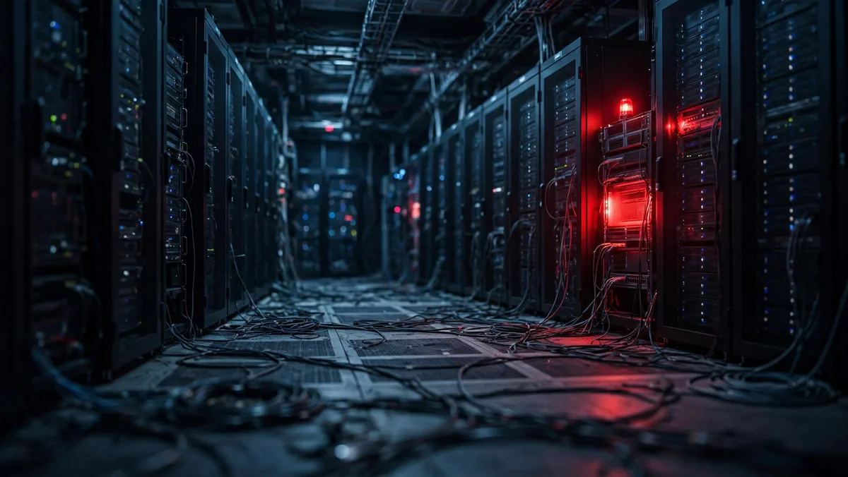 Server racks glowing red under warning light after the PHP2Shell critical vulnerability disclosure.