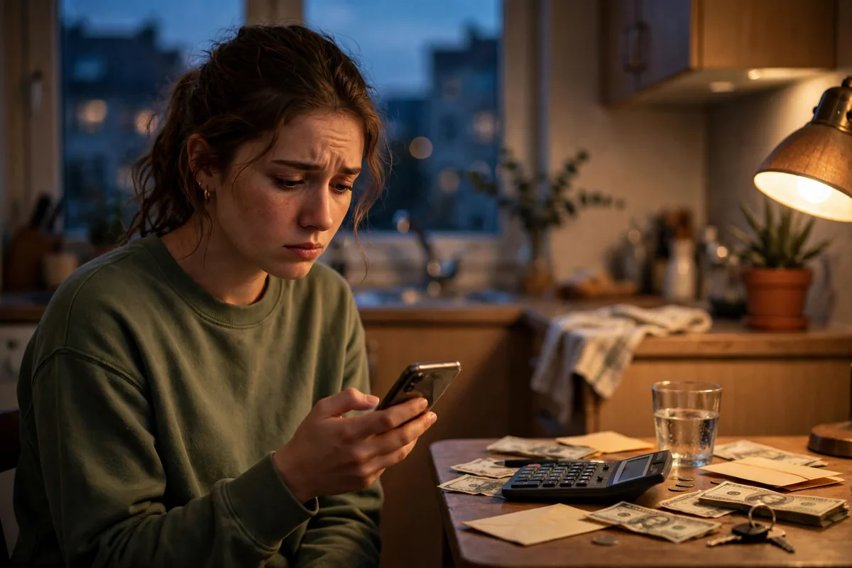 Young woman looking worried at her phone with bills on a kitchen table