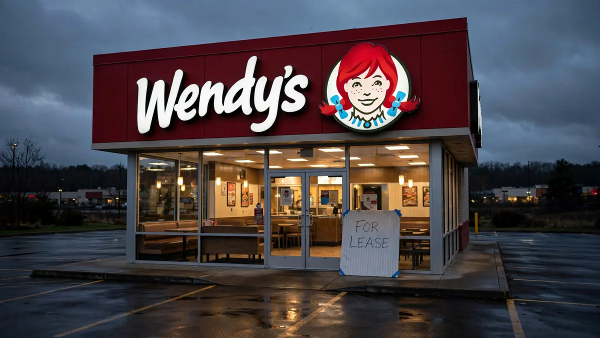 Wendy's restaurant storefront at dusk with a for lease sign on the door