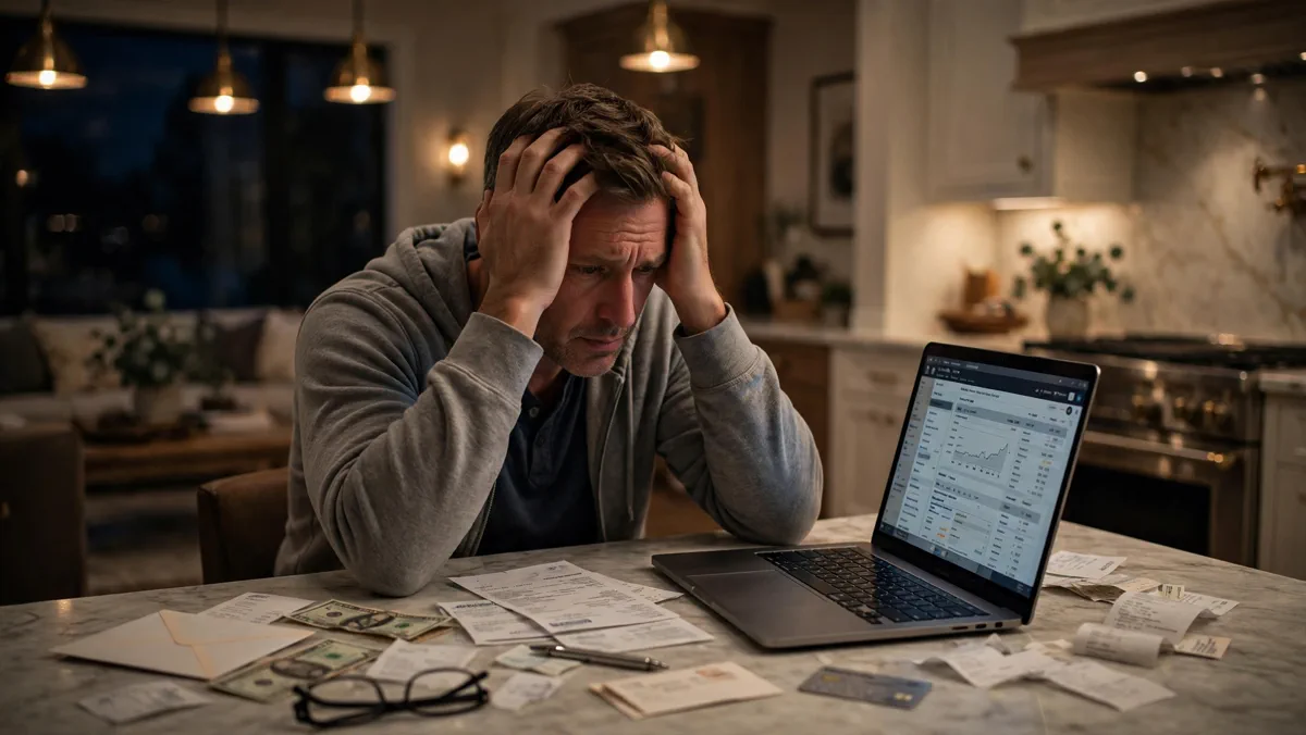 A stressed high-income professional reviewing bills and bank statements on a laptop at night