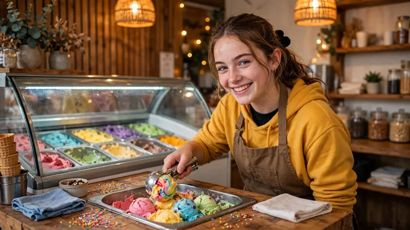 Teenage employee scooping ice cream behind the counter