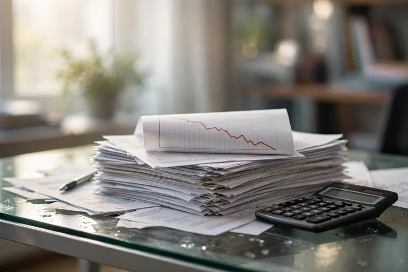 Financial documents and a falling revenue chart on an office desk