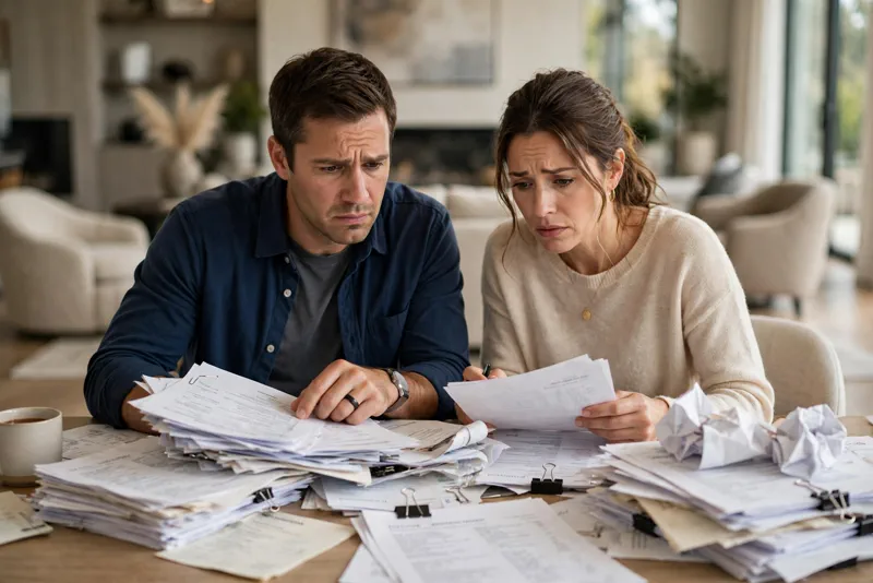 An affluent couple reviewing mortgage statements, tuition bills and loan paperwork at their dining table