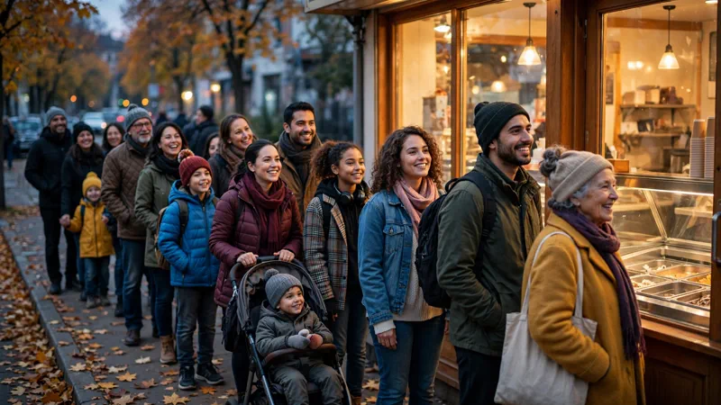 Happy customers lining up outside an ice cream shop on an autumn evening