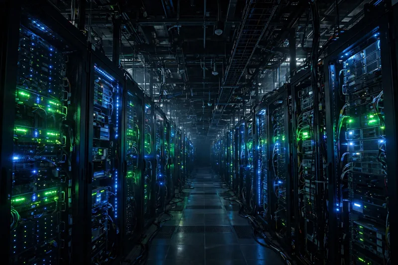 Rows of glowing server racks in a massive AI data center