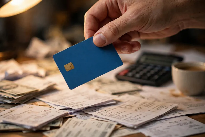 A hand holding a credit card over credit card statements and a calculator on a desk