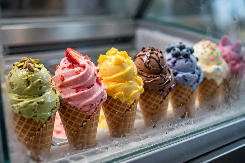Colorful ice cream cones in a shop display freezer