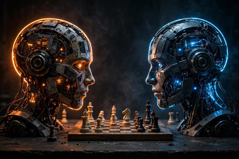 Two glowing AI heads facing off over a chessboard
