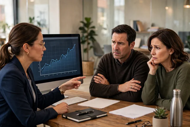 A financial advisor discussing a retirement savings plan with a worried couple