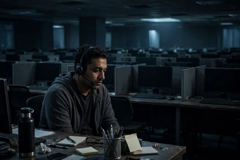 Call centre worker with headset beside rows of empty desks