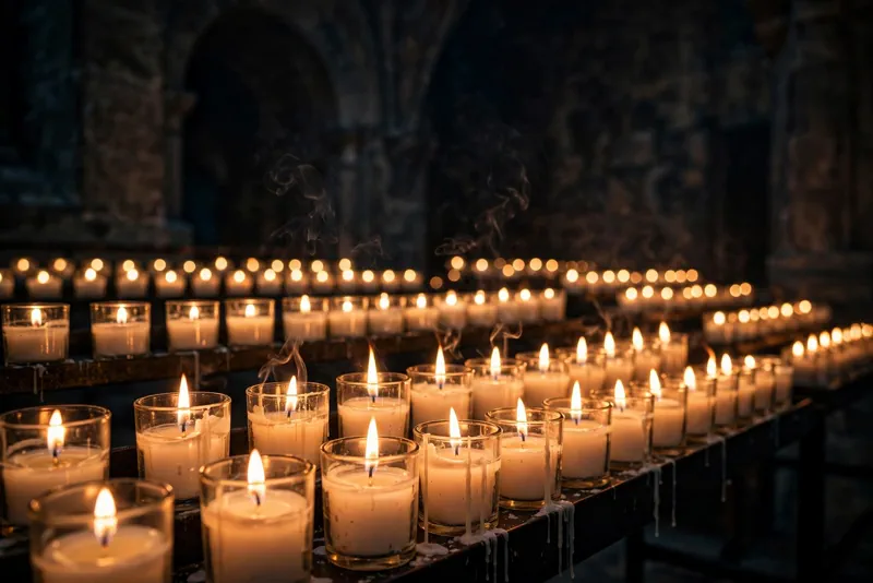 Lit candles in a dark chapel as a vigil for the pope's recovery
