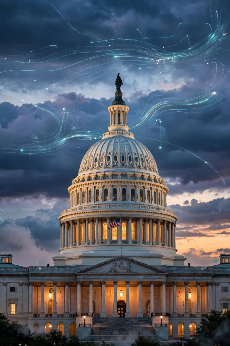 US Capitol dome at dusk with digital circuit light trails