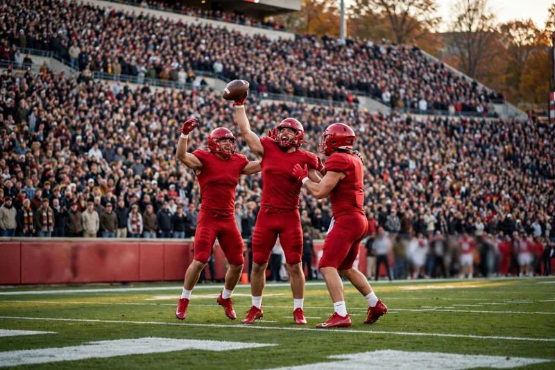 College football players in red uniforms celebrating a touchdown in a packed stadium