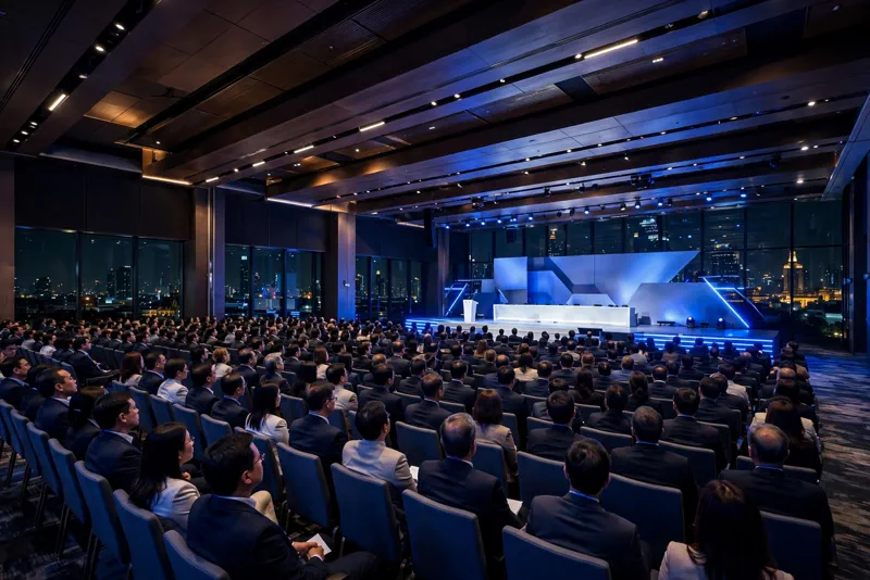 Packed international economic conference hall at night during IMF and World Bank meetings