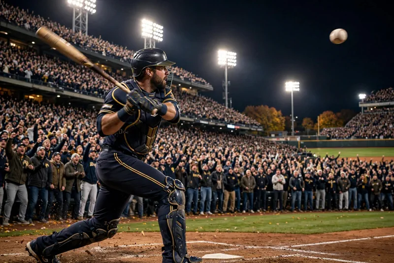 Milwaukee Brewers catcher William Contreras follows through on the go-ahead seventh-inning home run against the San Diego Padres in NLDS Game 1