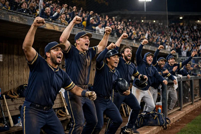 The Milwaukee Brewers dugout erupts in celebration after the 3-2 NLDS Game 1 win over the San Diego Padres